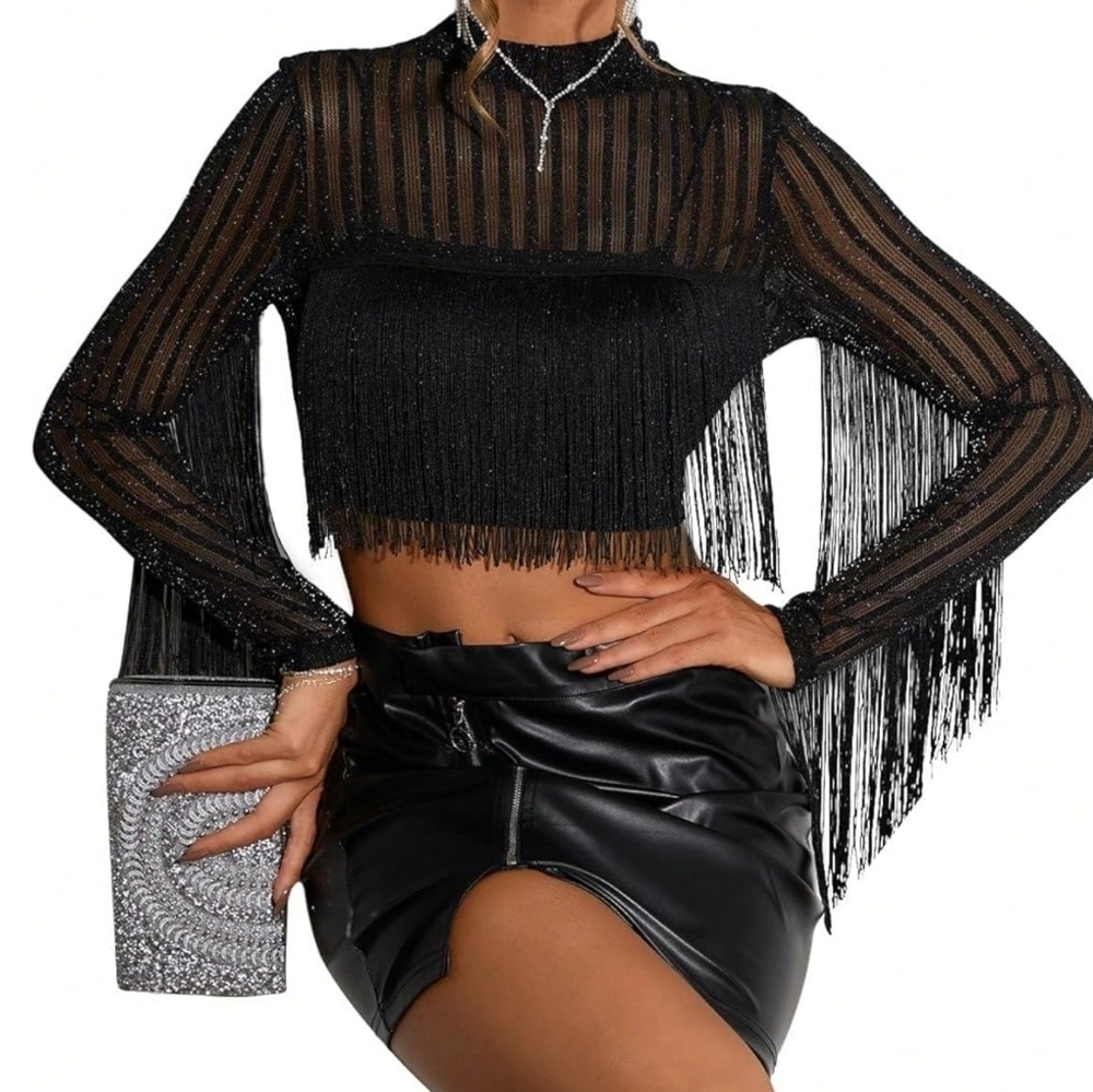 NWT Black Glitter Mesh Fringe Crop Top Long Sleeve Festival Concert Mock Neck
